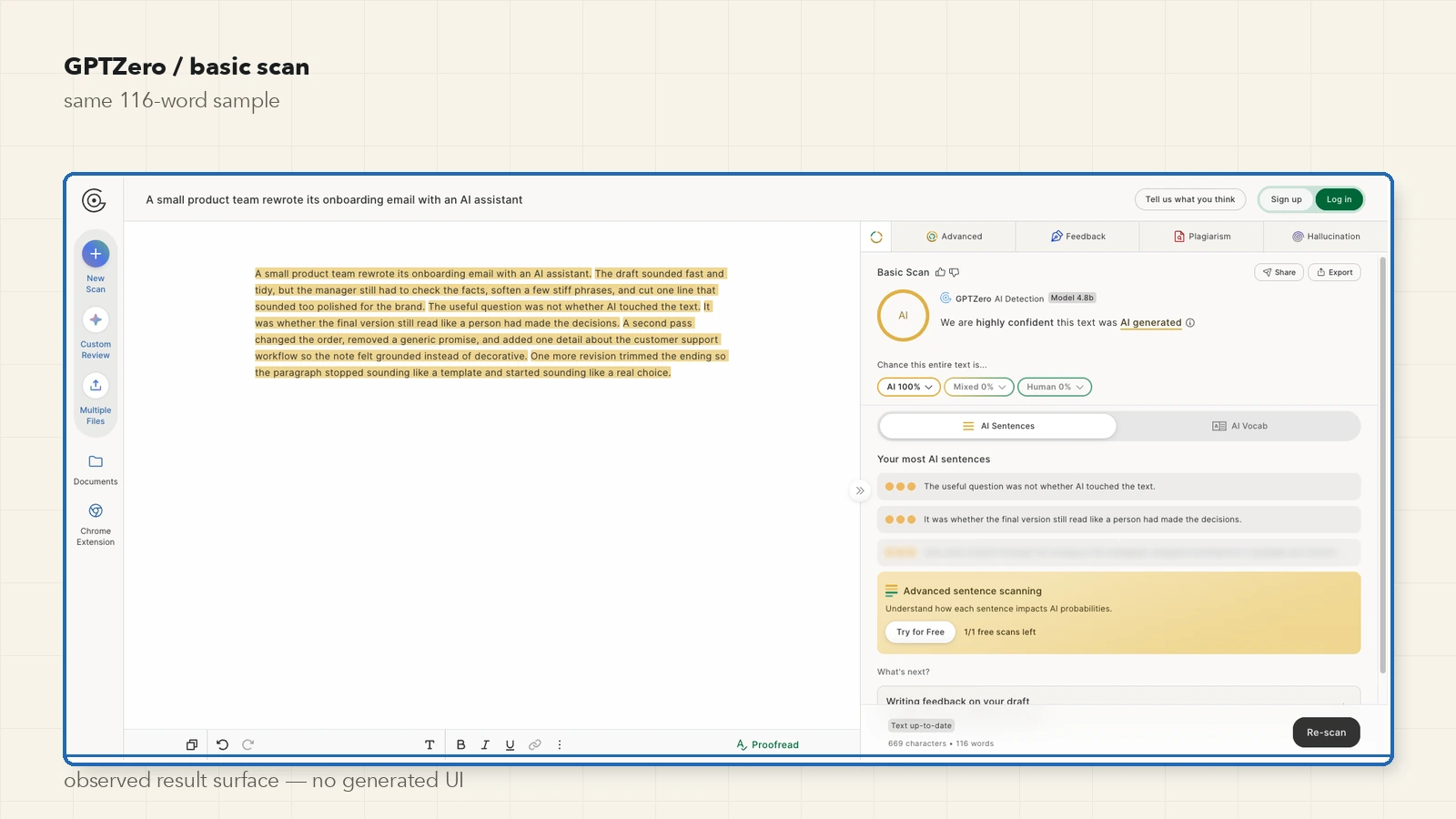 GPTZero result for the unchanged 116-word sample