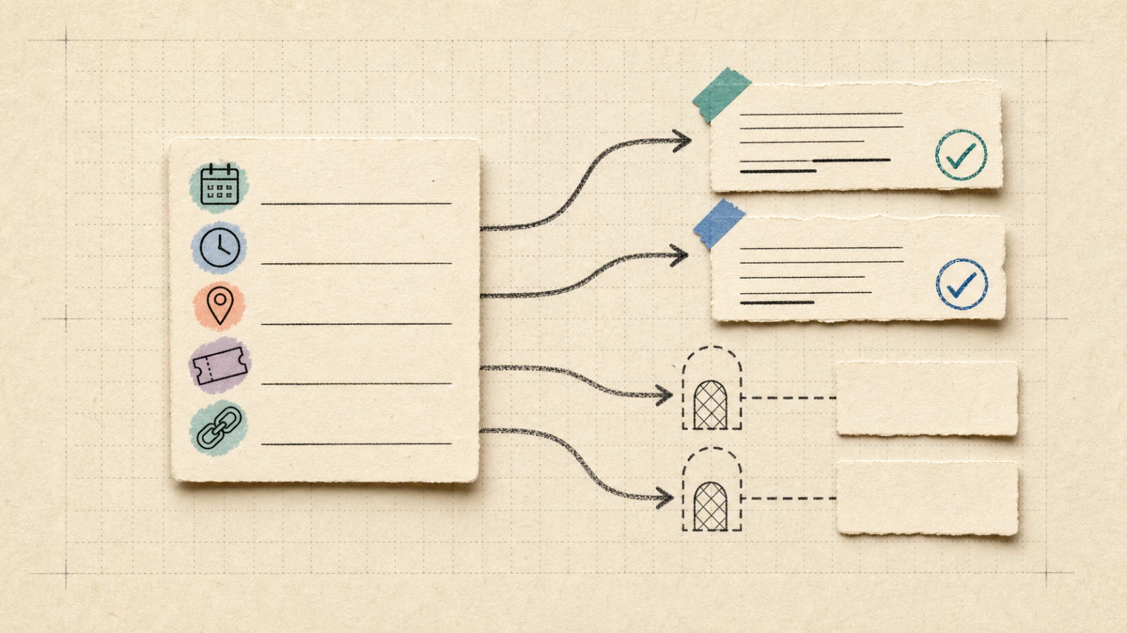 A ToolFlock editorial diagram showing one event card becoming checked social post drafts
