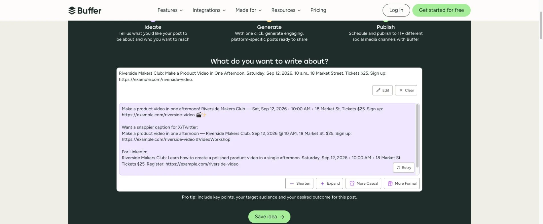 Buffer's public generator showing the announcement and three readable platform-shaped variants
