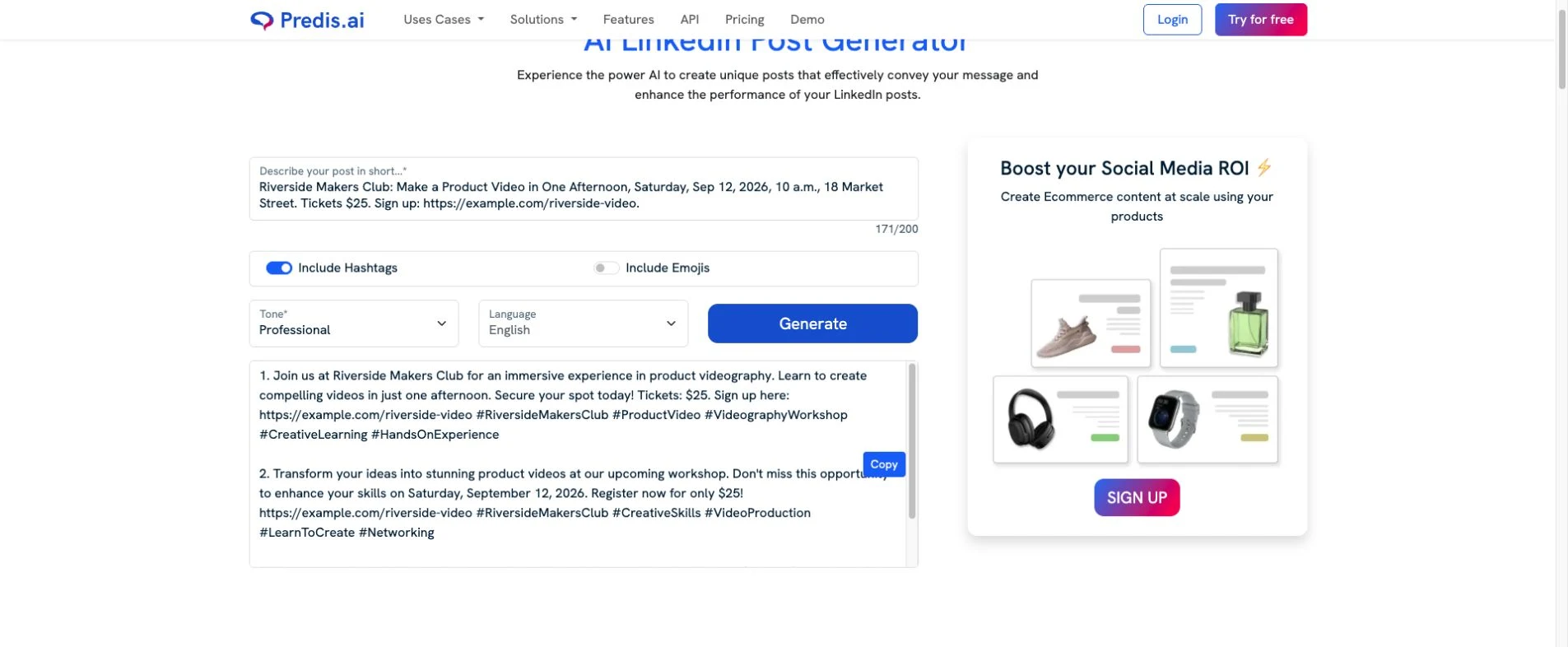 Predis's public generator showing the announcement, settings, and readable social-first variants