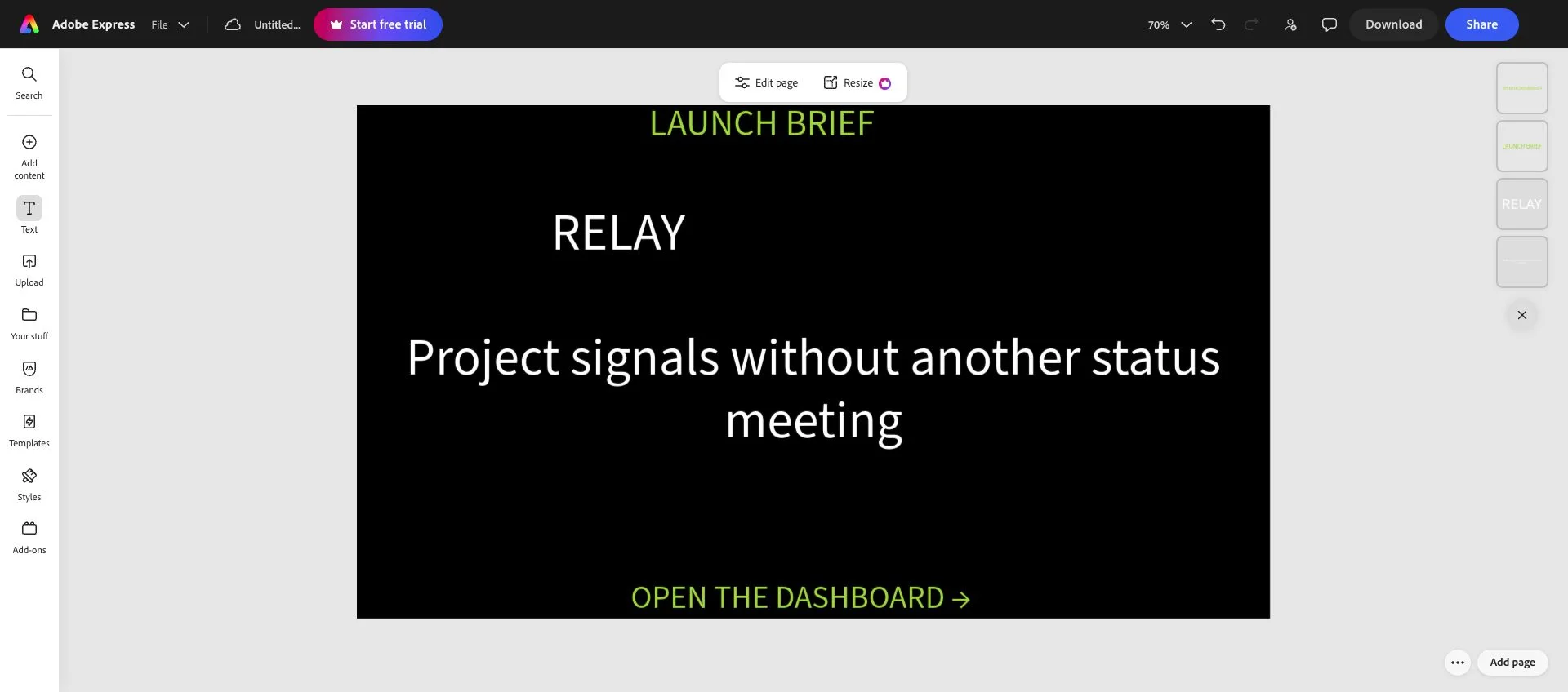 Full Adobe Express editor showing a blank-canvas Relay launch composition and the surrounding page controls
