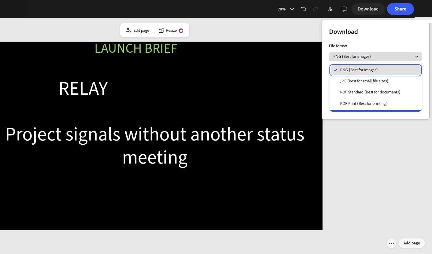Adobe Express Download workspace showing PNG, JPG, PDF Standard, and PDF Print beside the Relay canvas