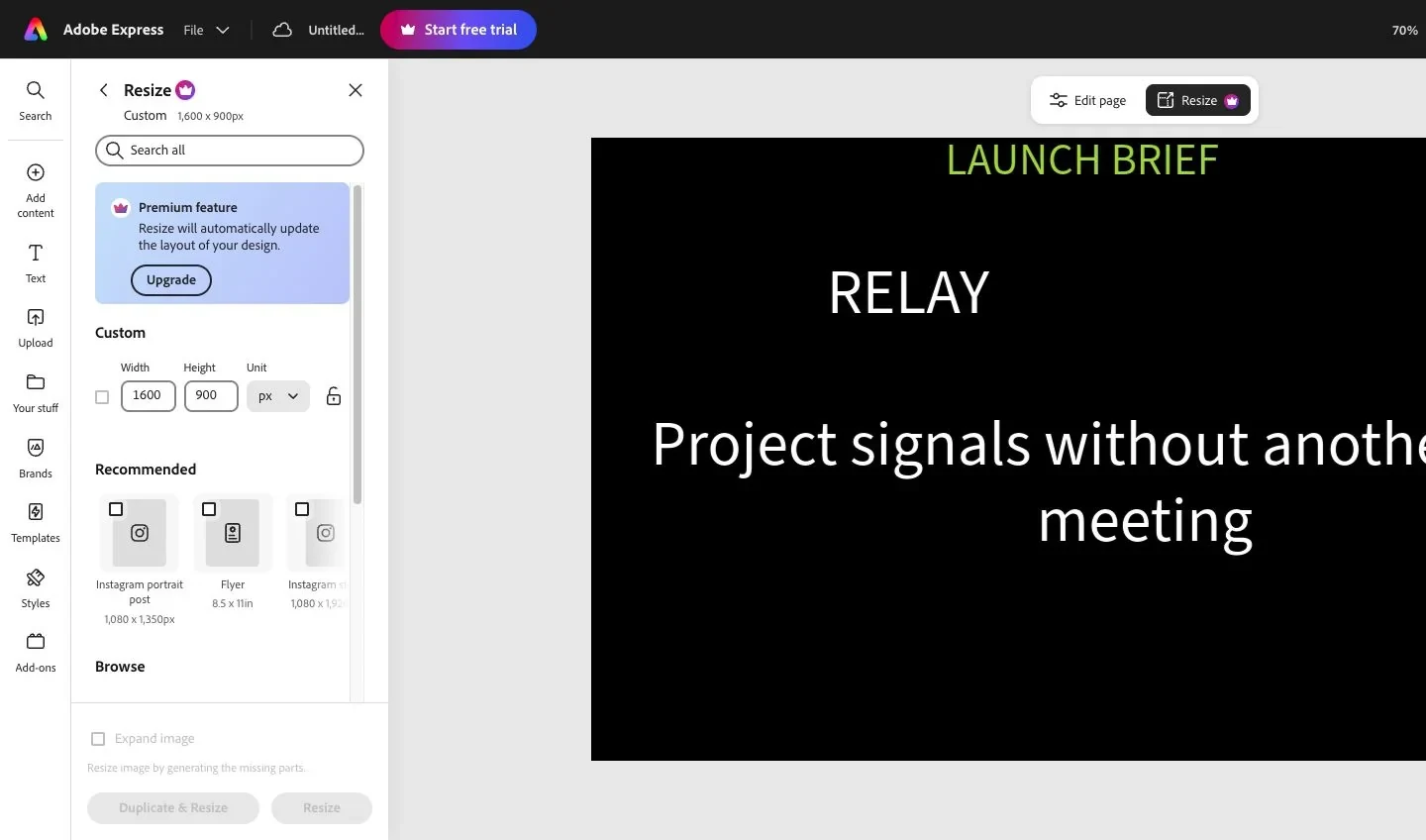 Adobe Express Resize workspace showing the current dimensions, recommended formats, Premium notice, and disabled resize actions