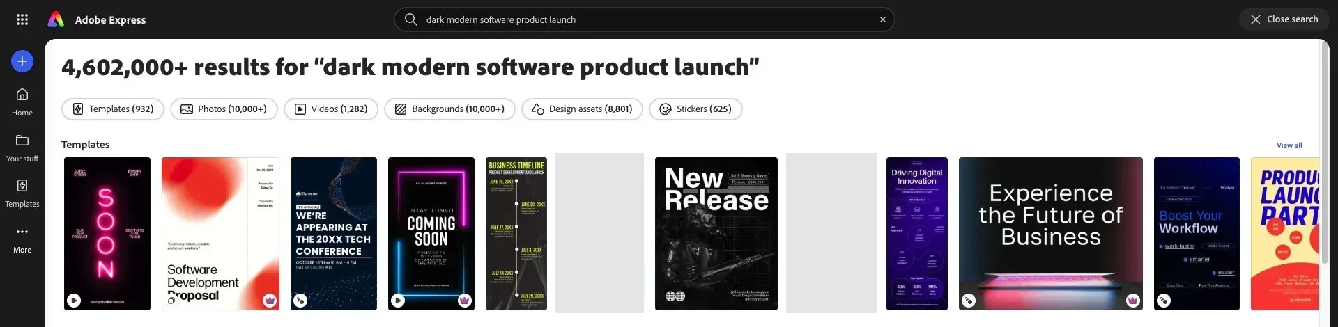 Adobe Express search page for dark modern software product launch showing mixed template formats and intents