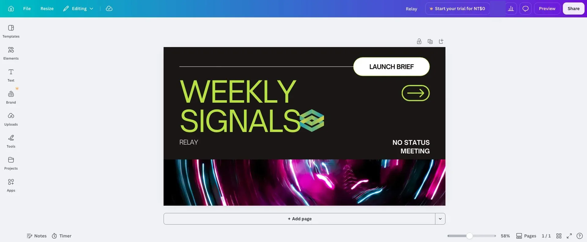 Full Canva editor showing the completed Relay launch visual with navigation, canvas, and page controls