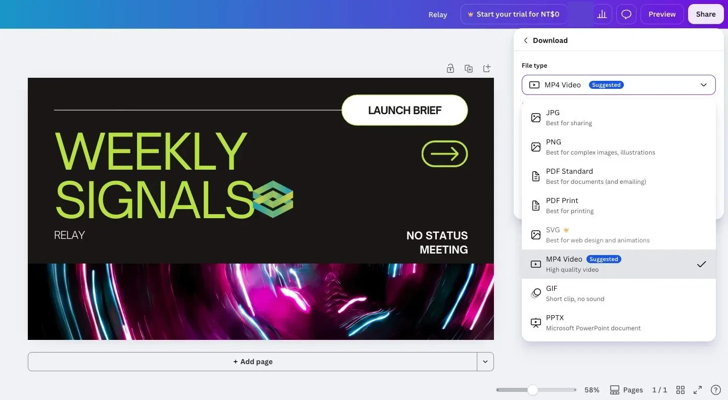 Canva Download workspace with JPG, PNG, PDF, SVG, MP4, GIF, and PPTX destinations visible beside the Relay canvas