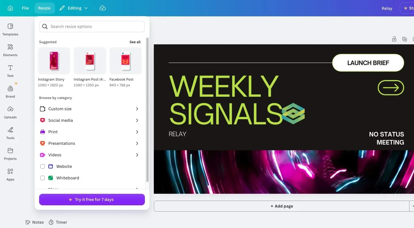 Canva Resize workspace showing suggested channel sizes, format categories, and the active Relay canvas