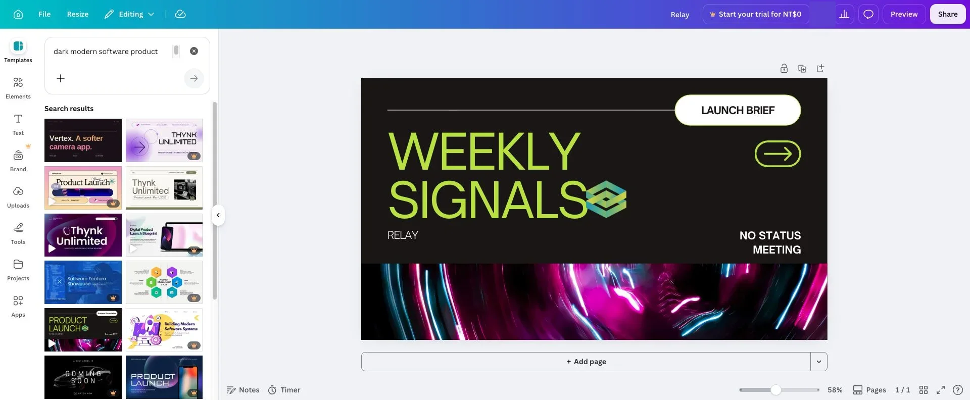 Canva editor with the query dark modern software product launch and a column of presentation-oriented template results