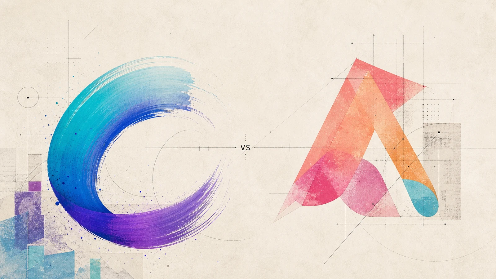 Editorial artwork showing a blue-violet Canva C brush form facing a coral Adobe Express A across a small VS marker