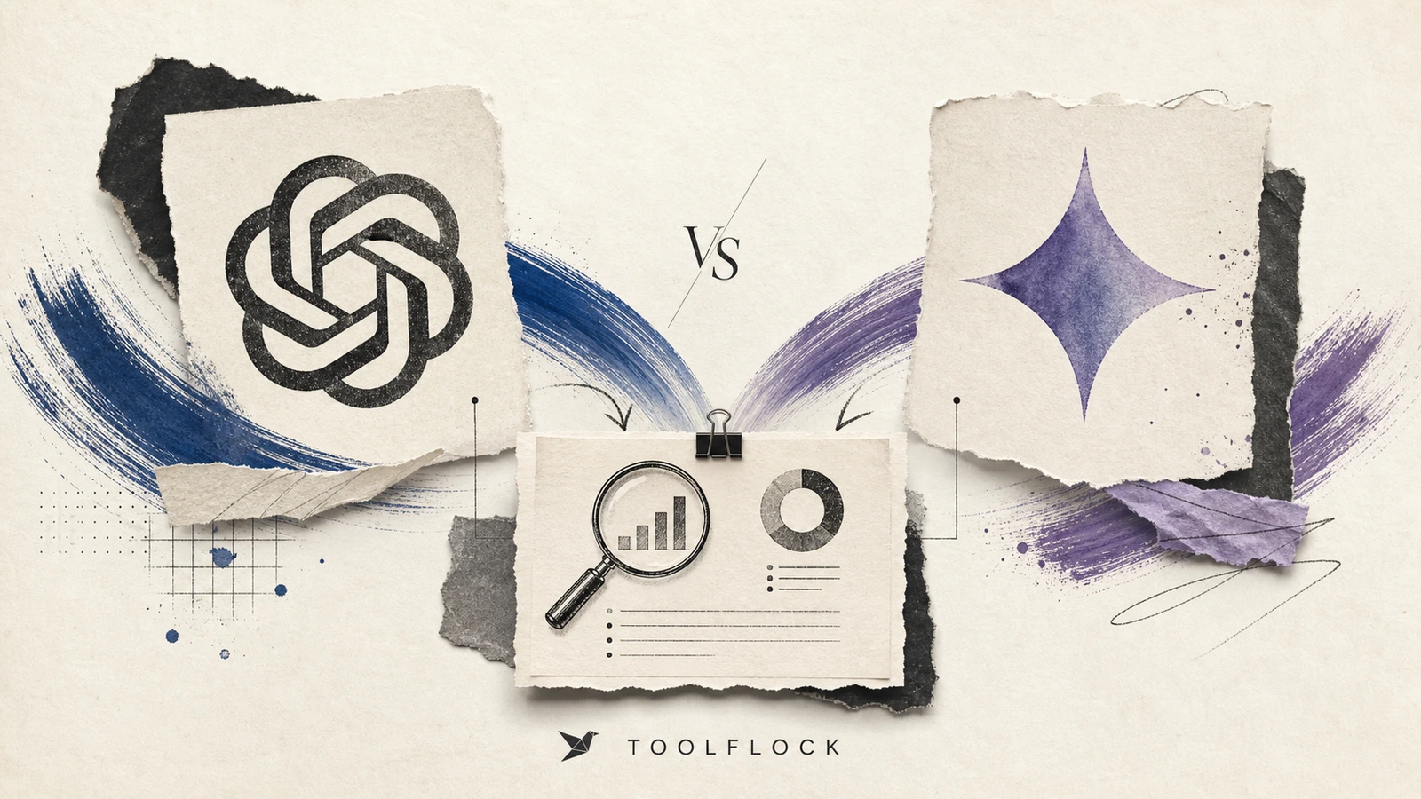 Abstract black and violet AI symbols feed a central evidence card in a paper collage