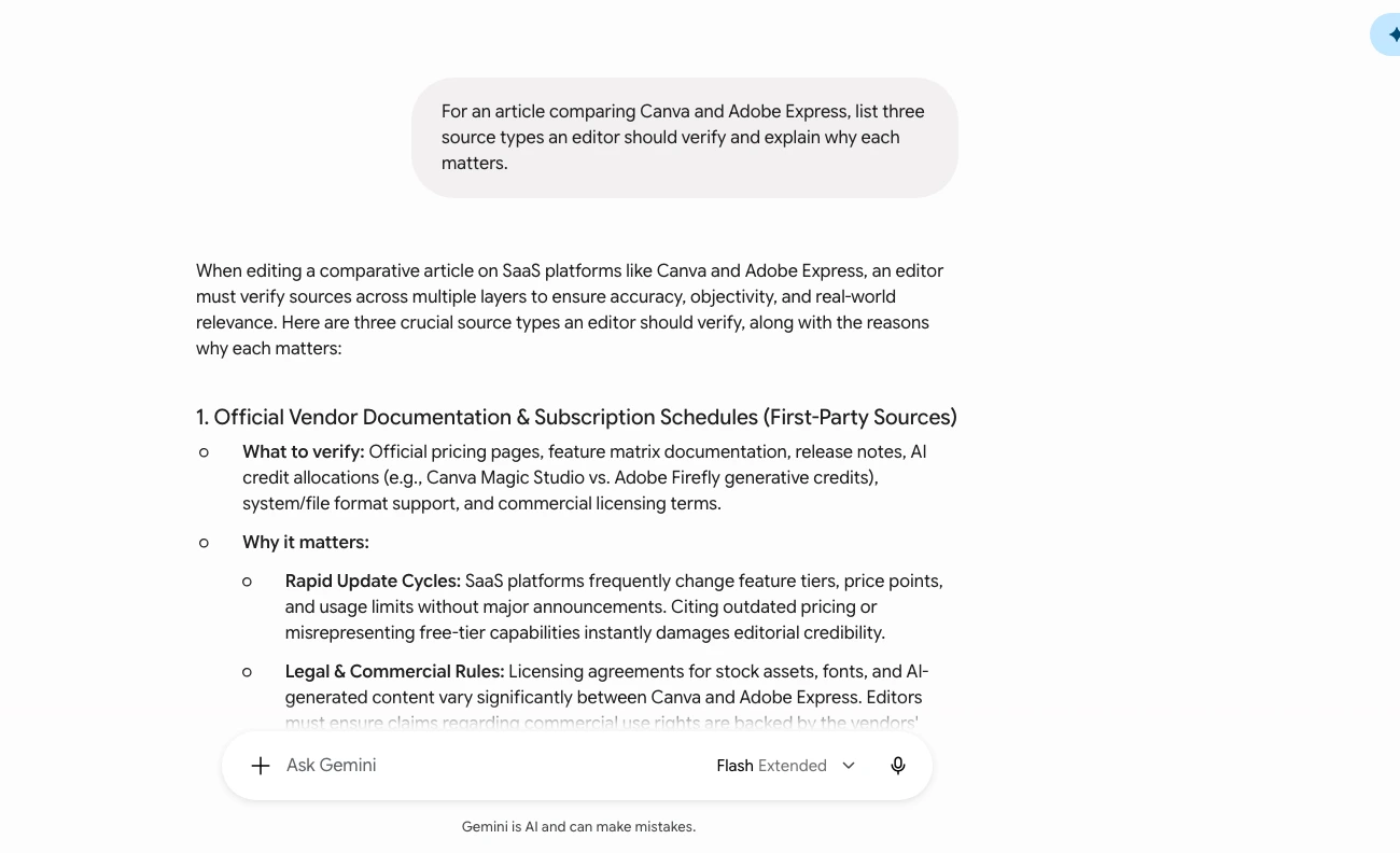 Gemini identifies the source layers an editor should verify before publishing a Canva versus Adobe Express comparison