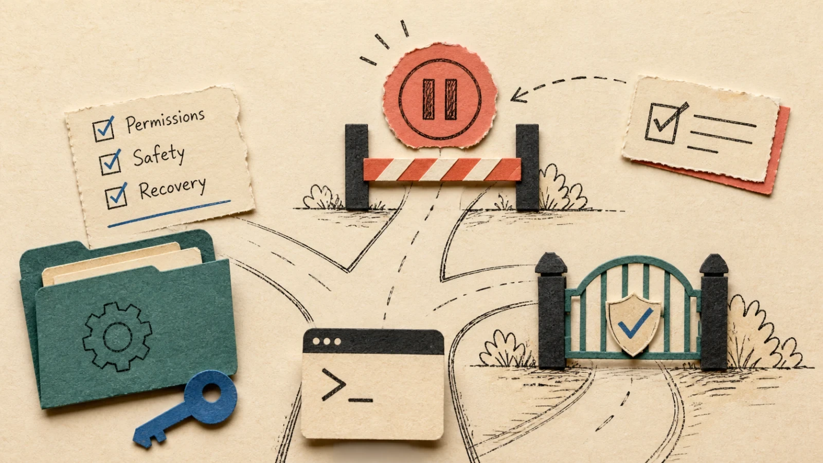 A paper-and-ink path splits between a visible pause checkpoint and a guarded gate beside a terminal card