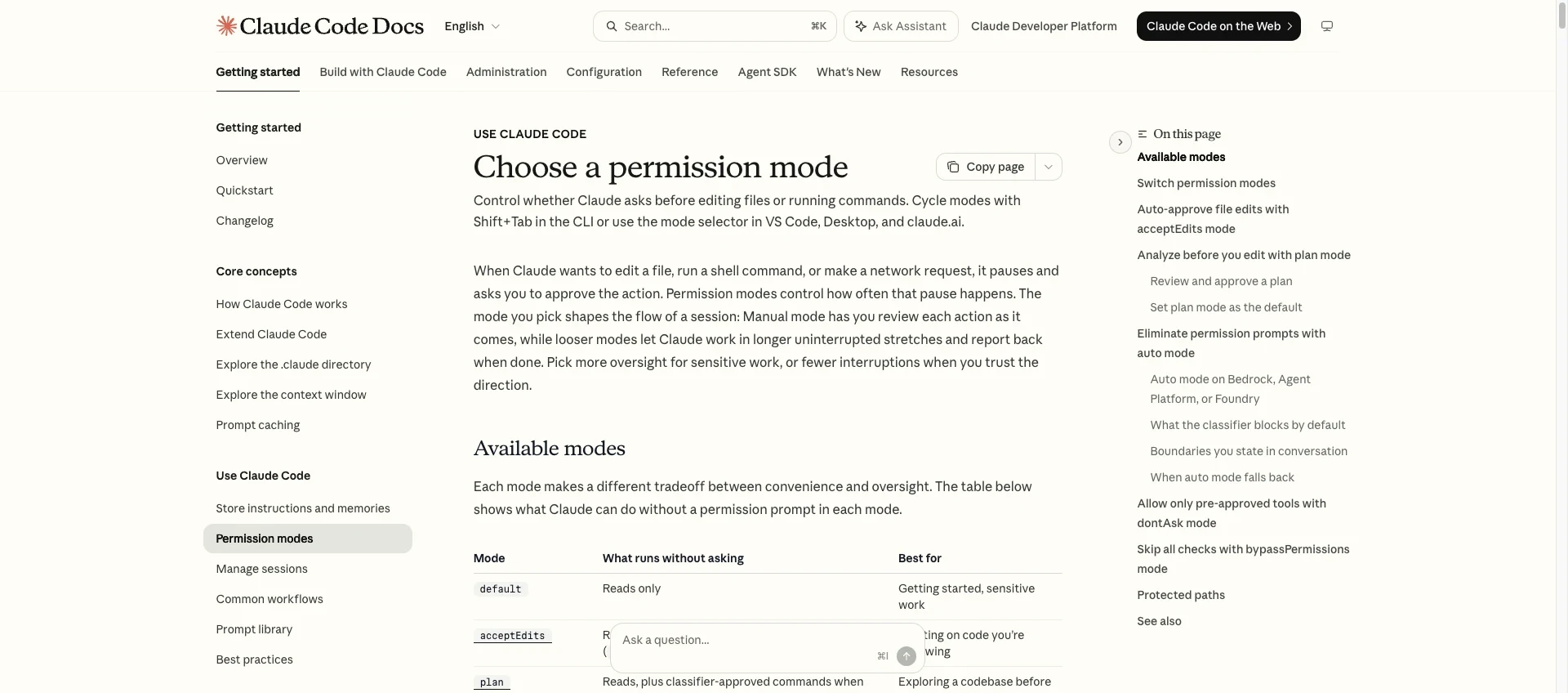 English Claude Code documentation showing the permission-mode explanation, available modes, and visible mode controls