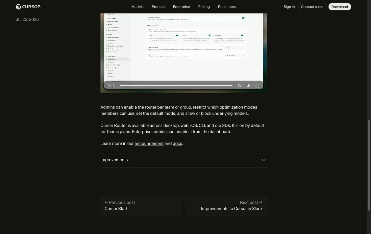 Cursor's public changelog describing team controls and Teams and Enterprise availability.