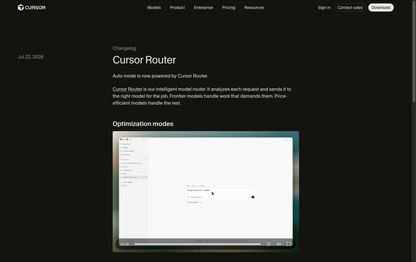 Cursor's July 22 changelog announcing that Auto is now powered by Cursor Router.