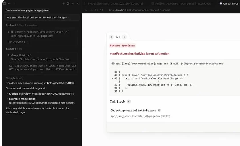 Cursor tracing a Next.js generateStaticParams failure from the running page into the relevant source file
