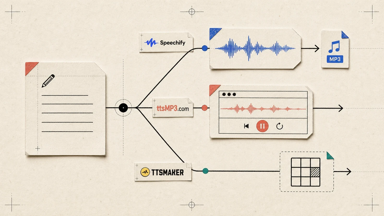 Warm paper collage showing one written reminder splitting into ttsMP3, Speechify, and TTSMaker paths, with playback and MP3 handoff checkpoints.