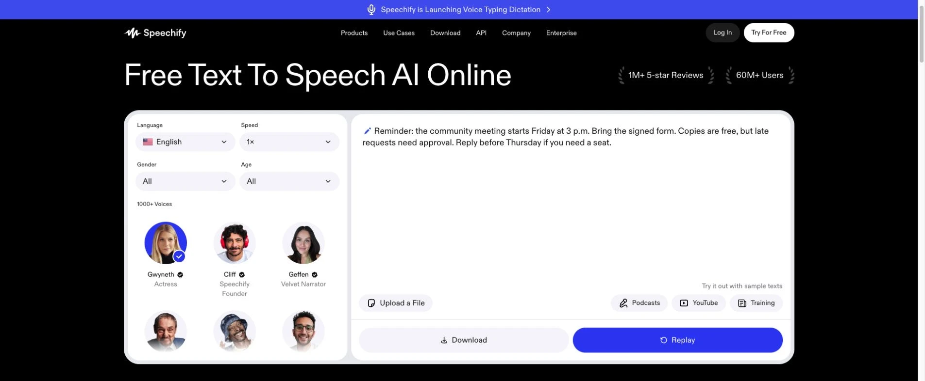 Real Speechify page showing the exact meeting notice with Replay and Download controls after playback