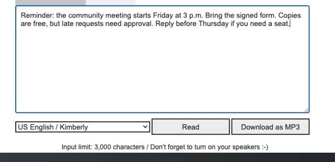 Real ttsMP3 page showing the exact meeting notice, Kimberly voice, Read control, and MP3 download path