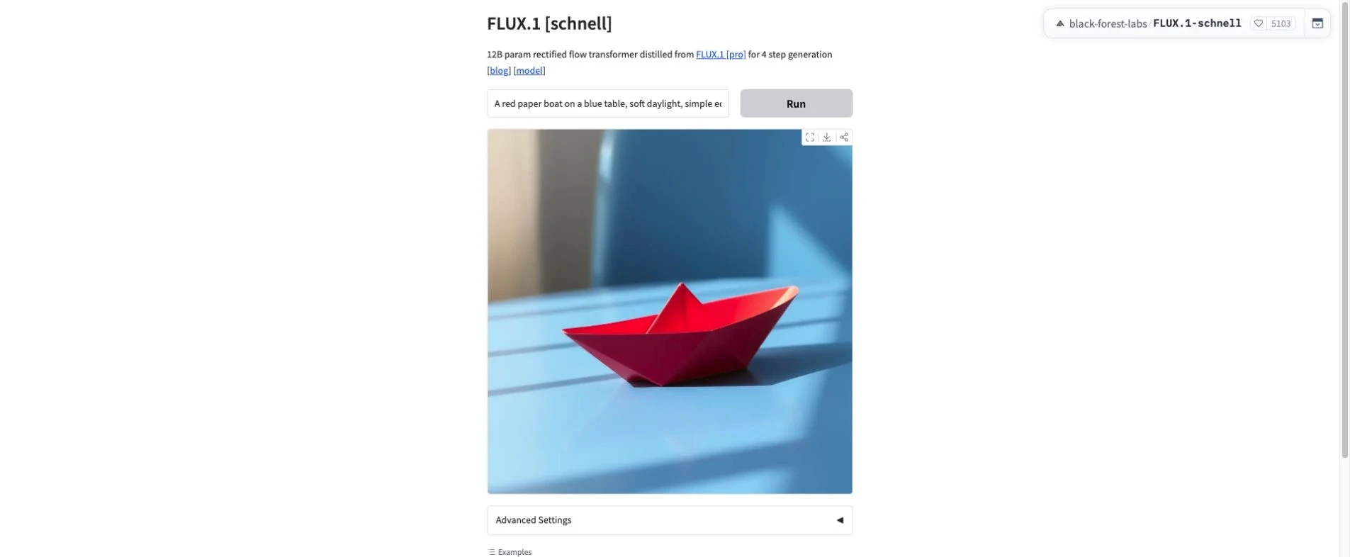 The real English FLUX.1 [schnell] Space result screen showing the fixed prompt, a red paper boat image, progress details, and the image.webp download control.