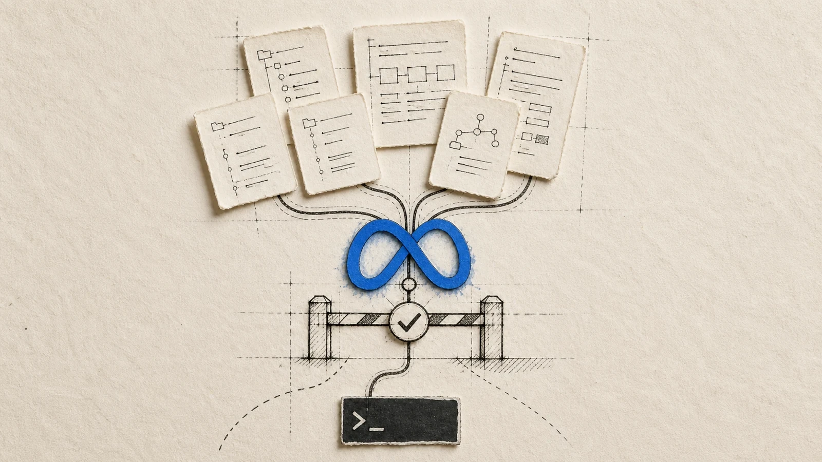 Paper-and-ink diagram showing branching project work cards flowing through Meta's blue infinity mark into a checkpoint gate and a terminal strip