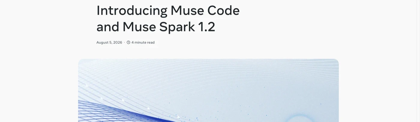 Meta AI Research page showing the August 5, 2026 announcement for Muse Code and Muse Spark 1.2