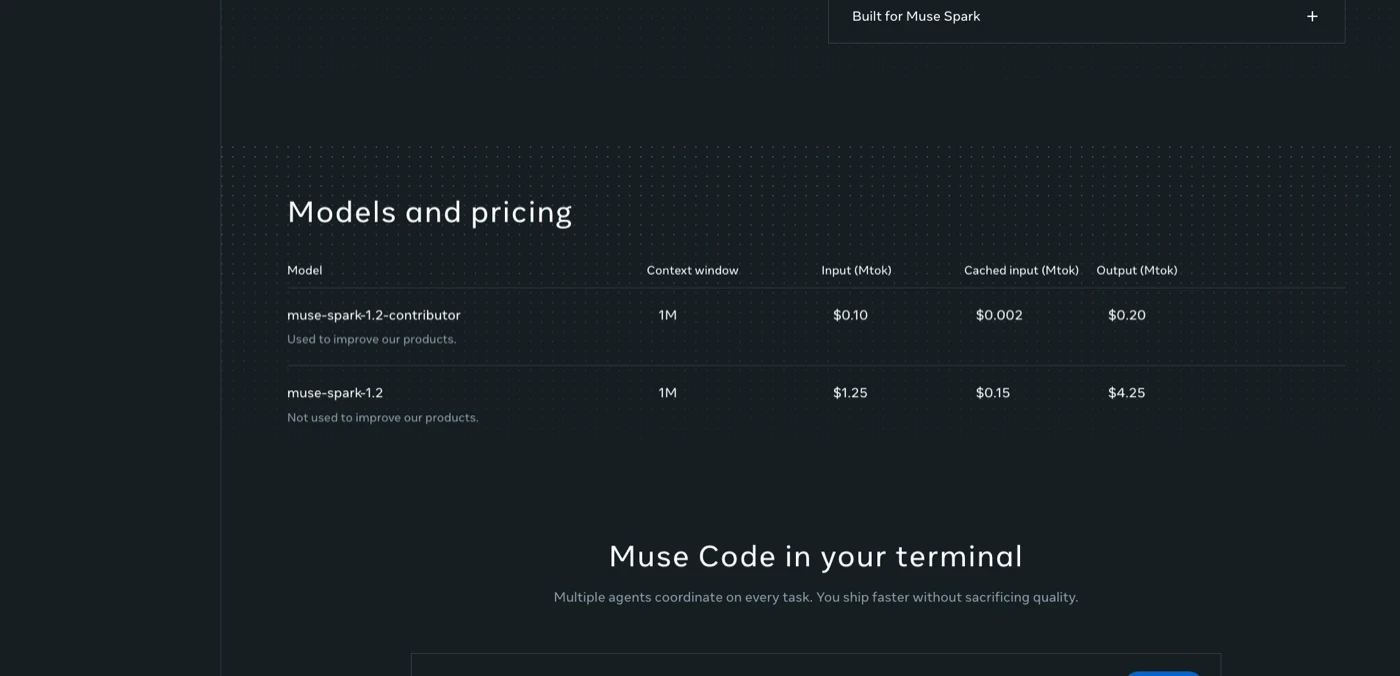Meta's current Muse Code developer page showing model rows, context window, pricing, and data-use labels