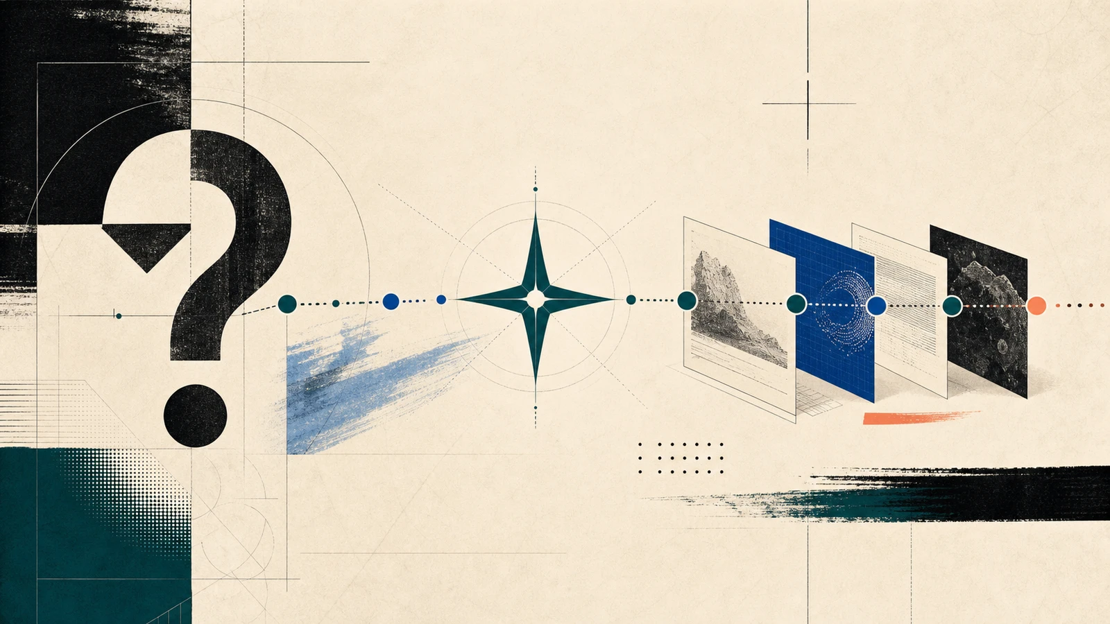 An abstract compass star connecting a research question to a sequence of evidence cards on a warm paper background