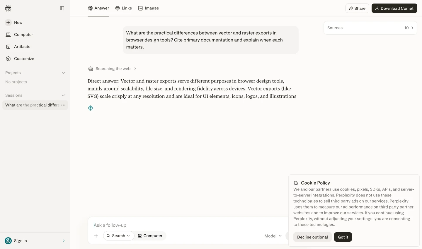 Perplexity presents a structured answer with a visible source drawer and follow-up path