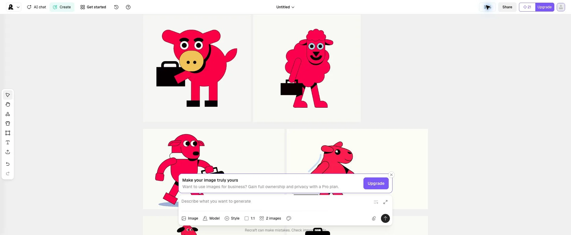 Four Recraft generations showing the same red sheep brief with visibly different anatomy, faces, and proportions
