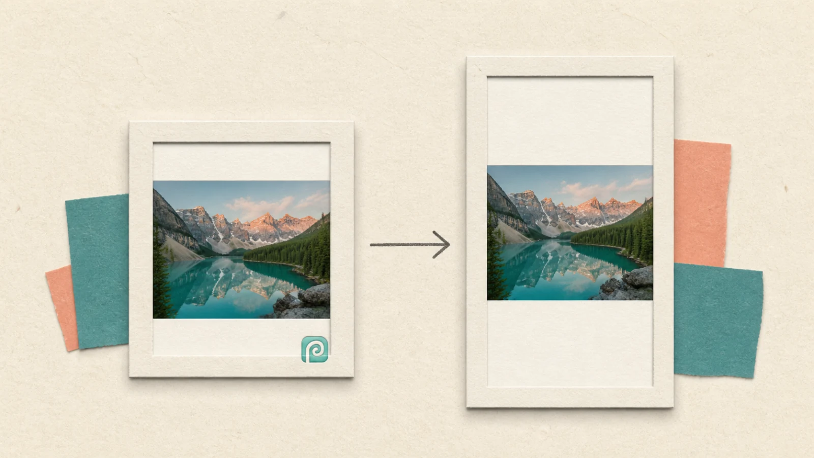 Paper frames show one complete landscape photo kept inside square and portrait shapes, with visible blank space and a Photopea mark.