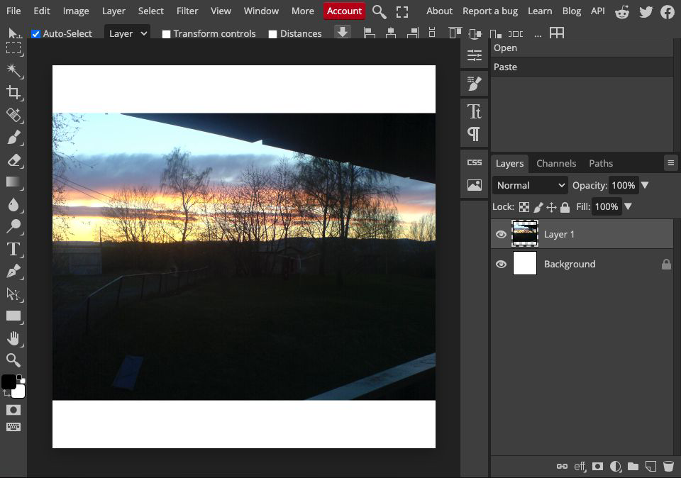 English Photopea editor showing a complete landscape placed inside a square white canvas with space above and below.