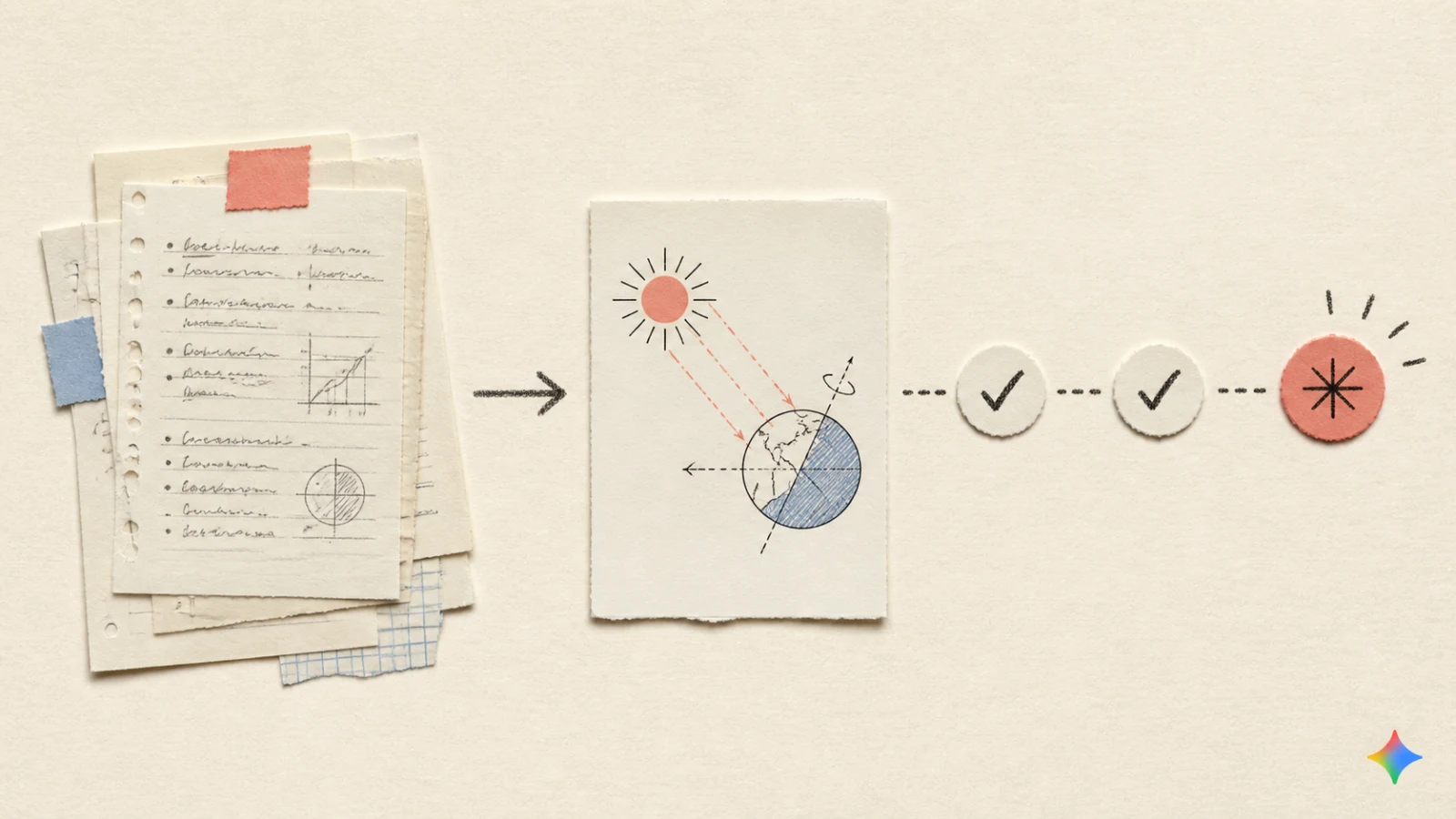 Tactile paper collage showing class notes moving through a source check to a highlighted next review point.
