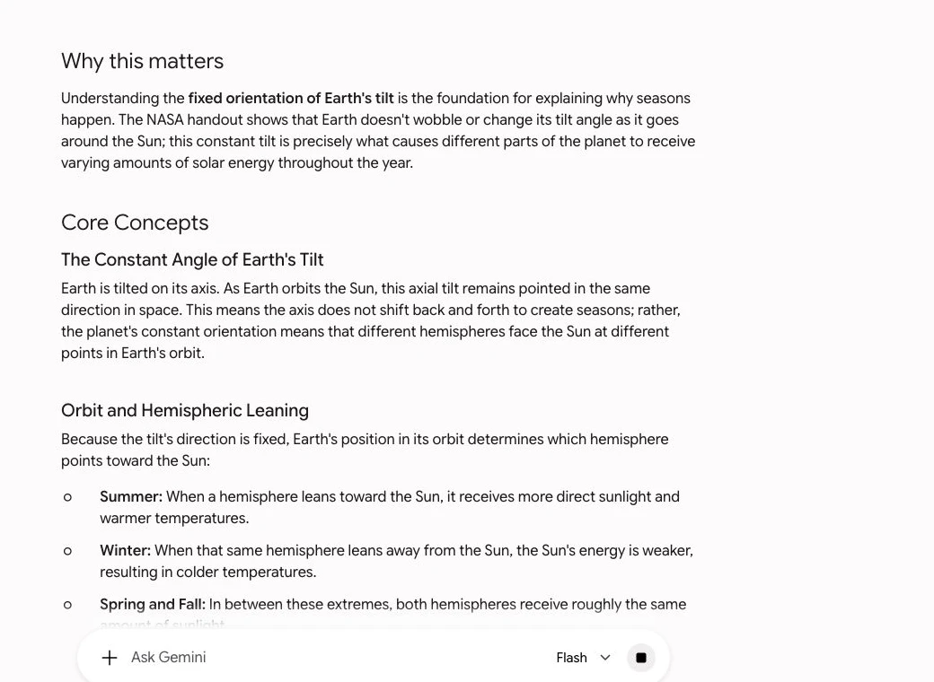 Gemini Notebook lesson explaining the fixed orientation of Earth's tilt and season examples