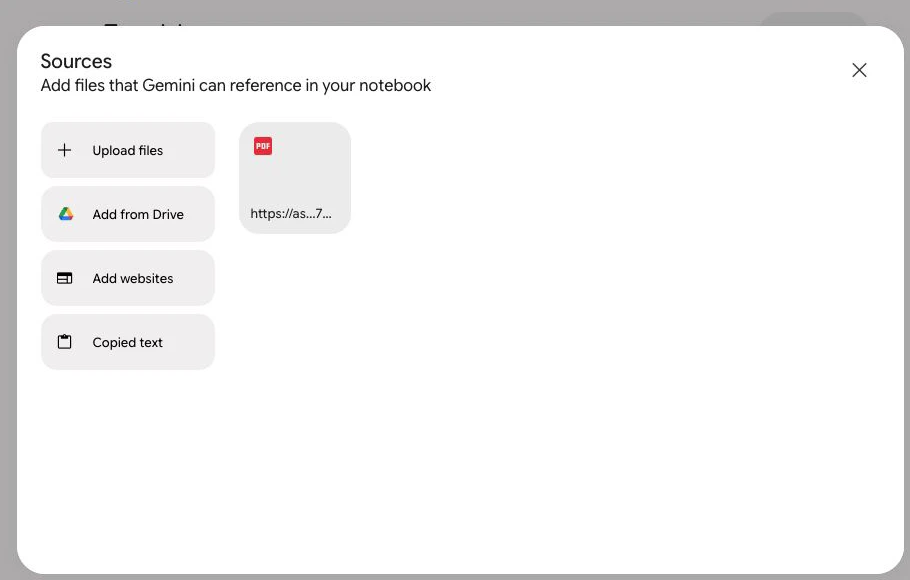 Gemini Notebook Sources panel showing one retained PDF source and explicit source controls